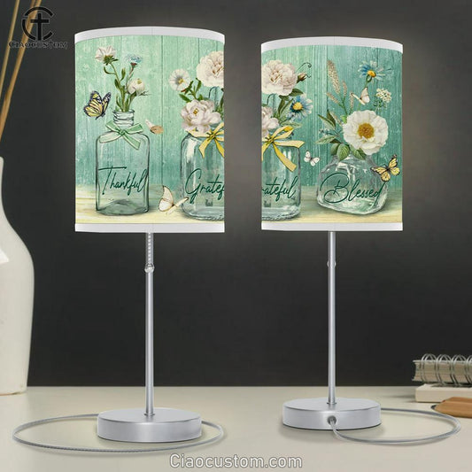Thankful Grateful Blessed Table Lamp For Bedroom - Butterfly Flower - Christian Room Decor
