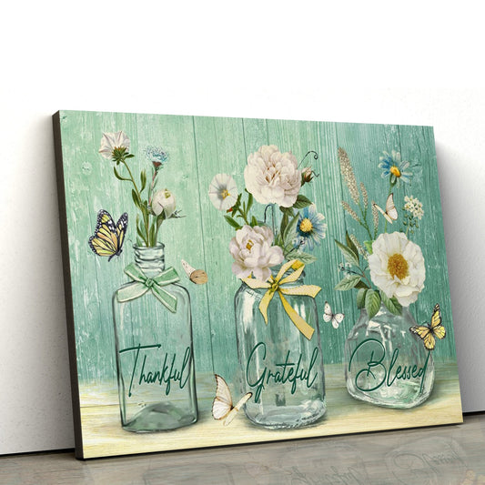 Thankful Grateful Blessed Wall Art Canvas Butterfly Flower Christian Decor - Religious Posters