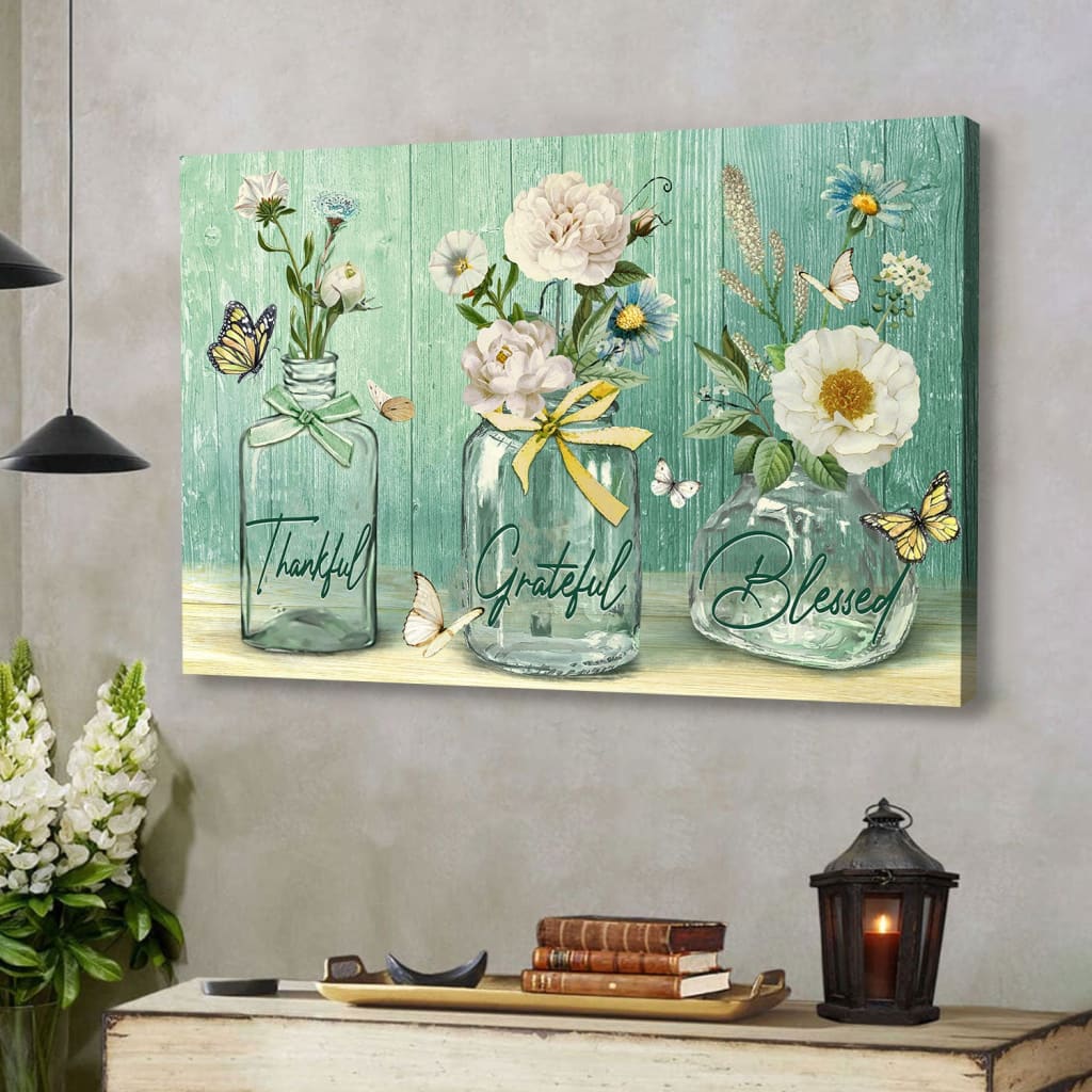Thankful Grateful Blessed Wall Art Canvas, Butterfly Flower Christian Wall Decor - Religious Wall Decor
