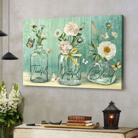 Thankful Grateful Blessed Wall Art Canvas, Butterfly Flower Christian Wall Decor - Religious Wall Decor