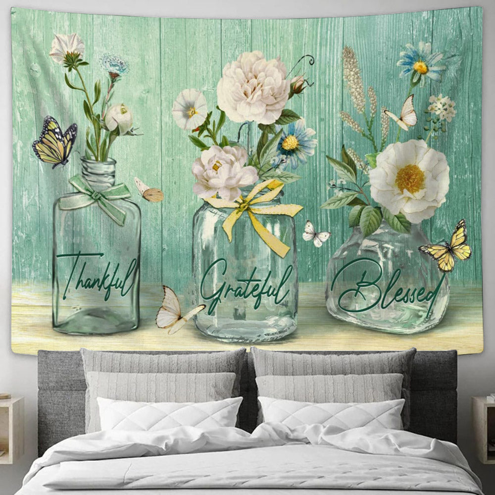Thankful Grateful Blessed Wall Art Tapestry Butterfly Flower Christian Decor - Religious Tapestry - Jesus Tapestry