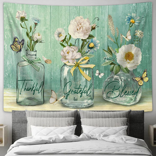 Thankful Grateful Blessed Wall Art Tapestry Butterfly Flower Christian Decor - Religious Tapestry - Jesus Tapestry