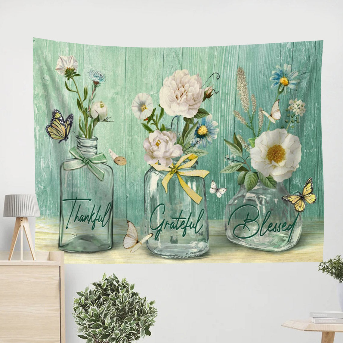 Thankful Grateful Blessed Wall Art Tapestry Butterfly Flower Christian Decor - Religious Tapestry - Jesus Tapestry
