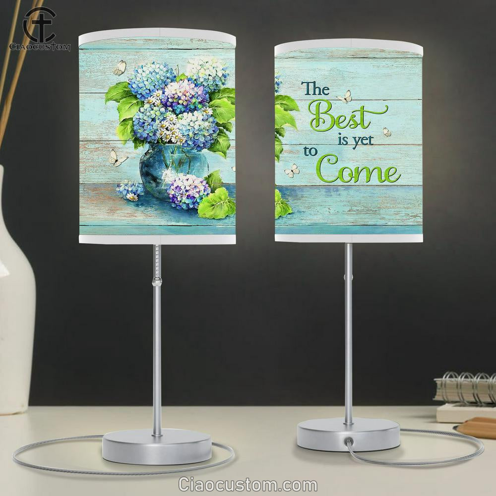 The Best Is Yet To Come Blue Hydrangea Butterfly Table Lamp Art - Christian Lamp Art Decor - Bible Verse Table Lamp