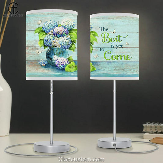 The Best Is Yet To Come Blue Hydrangea Butterfly Table Lamp Art - Christian Lamp Art Decor - Bible Verse Table Lamp