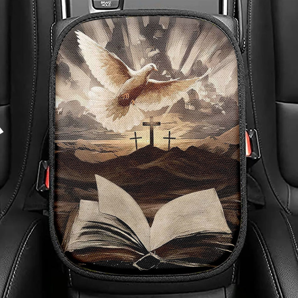 The Bible Dove Old Rugged Crosses Sunrise On Mountains Seat Box Cover, Christian Car Center Console Cover, Bible Verse Car Interior Accessories