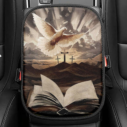 The Bible Dove Old Rugged Crosses Sunrise On Mountains Seat Box Cover, Christian Car Center Console Cover, Bible Verse Car Interior Accessories