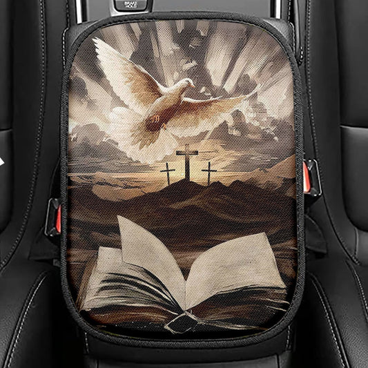 The Bible Dove Old Rugged Crosses Sunrise On Mountains Seat Box Cover, Christian Car Center Console Cover, Bible Verse Car Interior Accessories