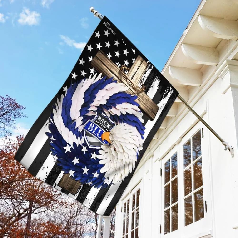 The Blue Eagle Wreath Christian Cross House Flags - Christian Garden Flags - Outdoor Christian Flag