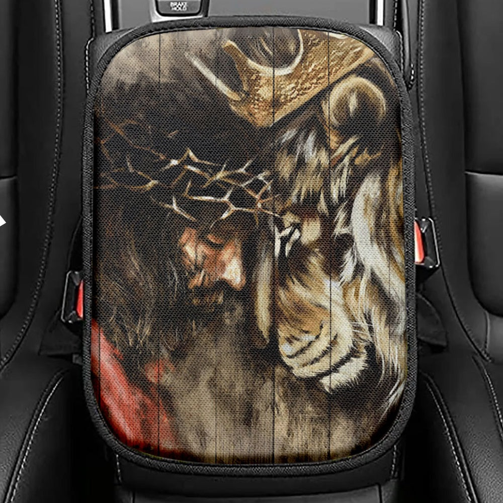 The Combination Of Jesus And Lion Seat Box Cover, Jesus Christ Car Center Console Cover, Christian Car Interior Accessories