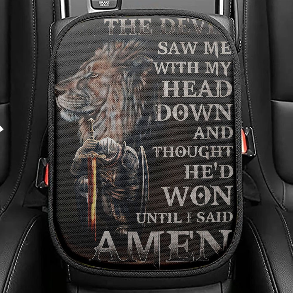 The Devil Saw Me With My Head Down Seat Box Cover, Warrior And Lion Car Center Console Cover, Christian Car Interior Accessories