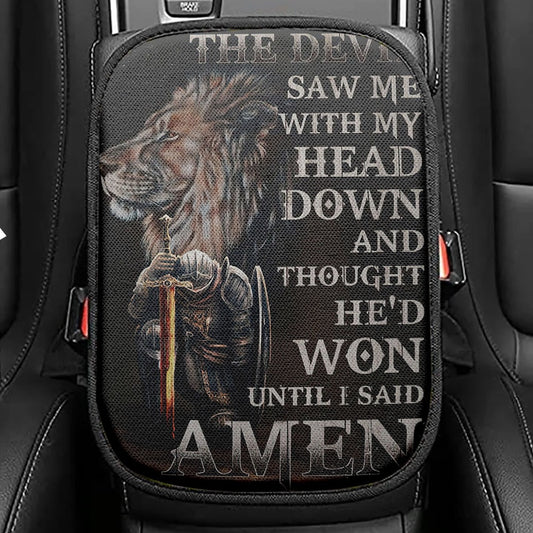 The Devil Saw Me With My Head Down Seat Box Cover, Warrior And Lion Car Center Console Cover, Christian Car Interior Accessories