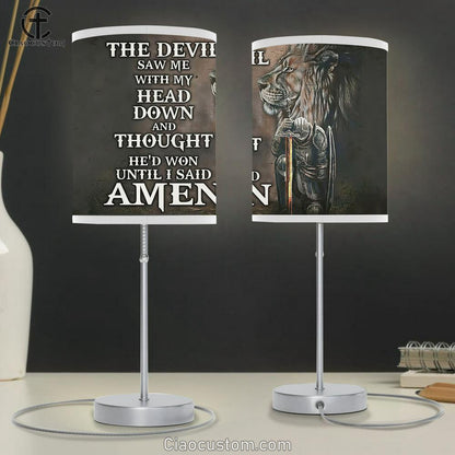 The Devil Saw Me With My Head Down Table Lamp - Knight Kneel And Lion Table Lamp Art - Christian Lamp Art - Religious Room Decor