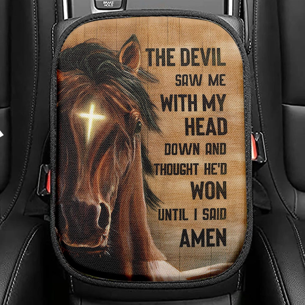 The Devil Saw Me With My Head Face Of Horse Cross Seat Box Cover, Inspirational Car Center Console Cover, Christian Car Interior Accessories