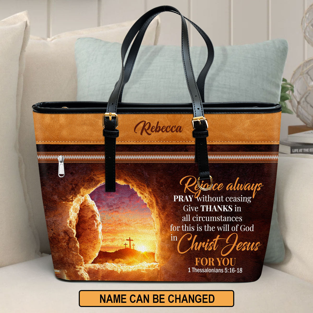 The Empty Tomb Give Thanks In All Circumstances Personalized Large Leather Tote Bag - Religious Gifts For Women Of God