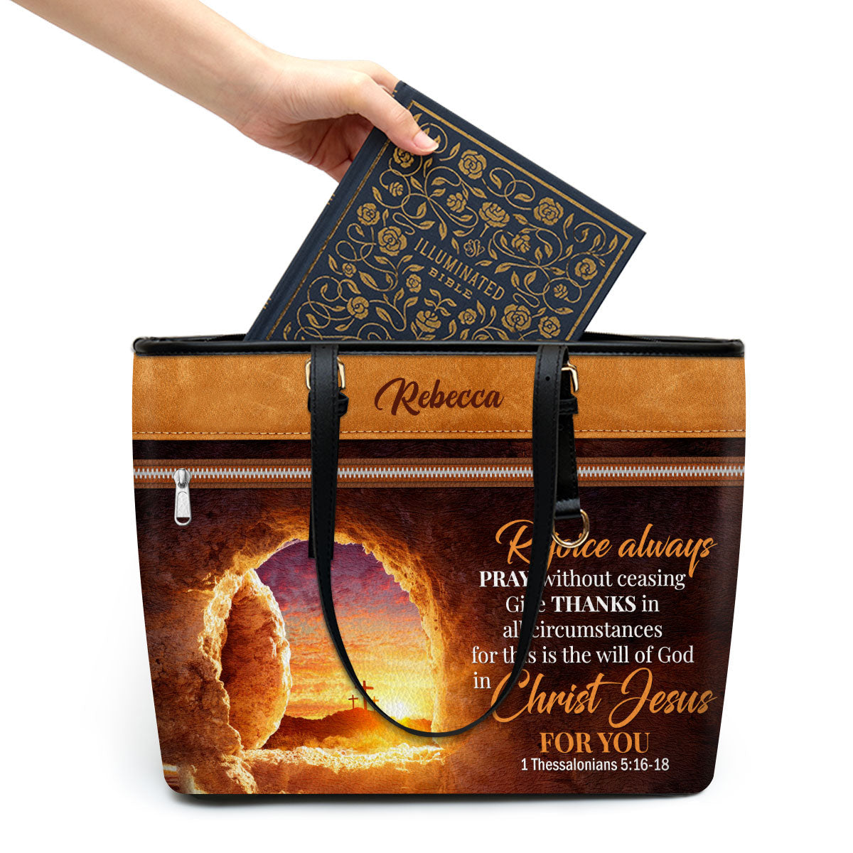 The Empty Tomb Give Thanks In All Circumstances Personalized Large Leather Tote Bag - Religious Gifts For Women Of God