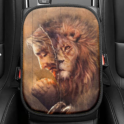 The Face Lion And Jesus Prays Seat Box Cover, Lion Car Center Console Cover, Christian Inspirational Car Interior Accessories
