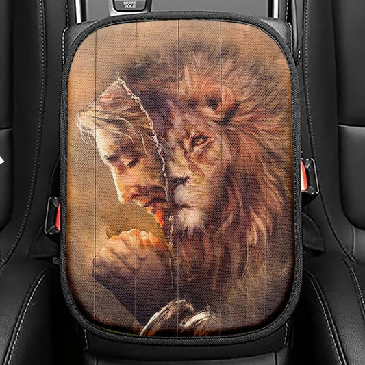 The Face Lion And Jesus Prays Seat Box Cover, Lion Car Center Console Cover, Christian Inspirational Car Interior Accessories