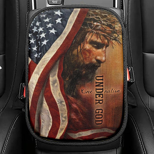 The Face Of Jesus American Flag One Nation Under God Car Center Console Cover, Christian Armrest Seat Cover, Bible Seat Box Cover