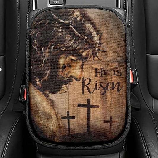 The Face Of Jesus, Crown Of Thorn, Cross, He Is Risen Car Center Console Cover, Christian Armrest Seat Cover, Bible Seat Box Cover