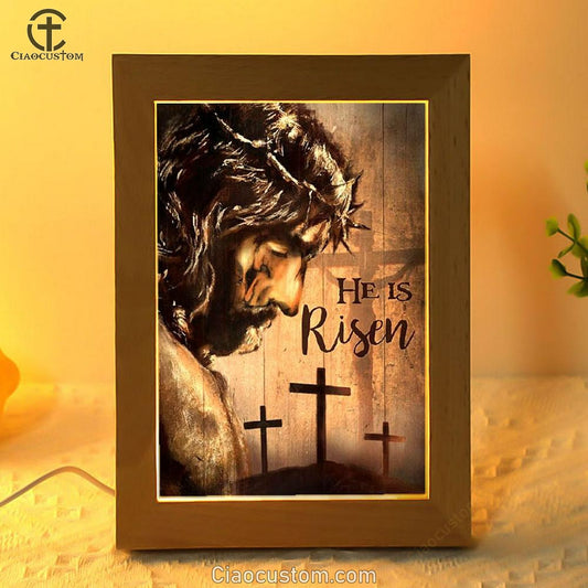 The Face Of Jesus, Crown Of Thorn, Cross, He Is Risen Frame Lamp