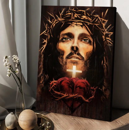 The Face Of Jesus Heart Crown Of Thorn Canvas Wall Art - Christian Wall Posters - Religious Wall Decor