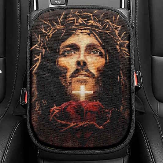The Face Of Jesus Heart Crown Of Thorn Car Center Console Cover, Christian Armrest Seat Cover, Bible Seat Box Cover