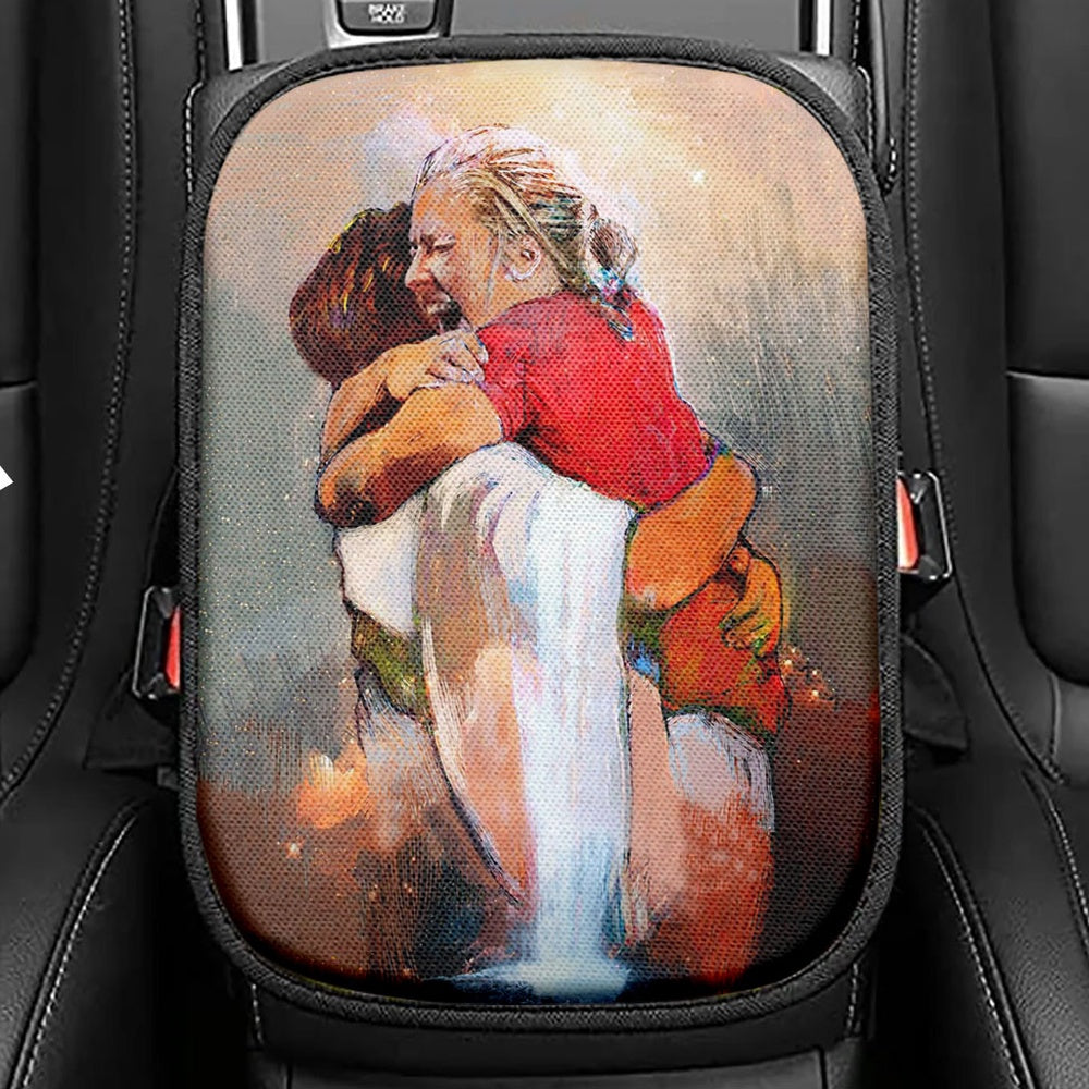 The First Day In Heaven Seat Box Cover, Jesus Hugs The Girl Car Center Console Cover, Jesus Car Interior Accessories