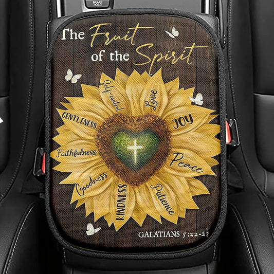 The Fruit Of The Spirit Sunflower Heart Shape Cross Seat Box Cover, Bible Verse Car Center Console Cover, Inspirational Car Interior Accessories