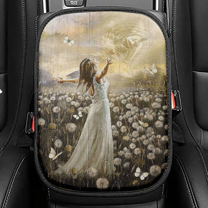The Hand Of God Beautiful Girl Dandelion Field Seat Box Cover, Christian Car Center Console Cover, Bible Verse Car Interior Accessories