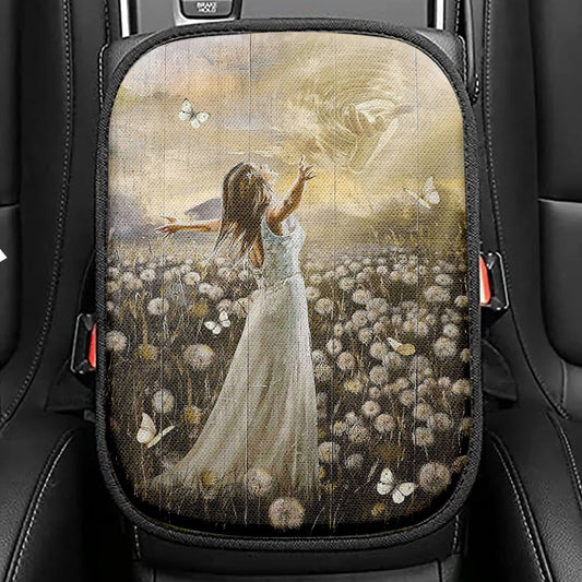 The Hand Of God Beautiful Girl Dandelion Field Seat Box Cover, Christian Car Center Console Cover, Bible Verse Car Interior Accessories
