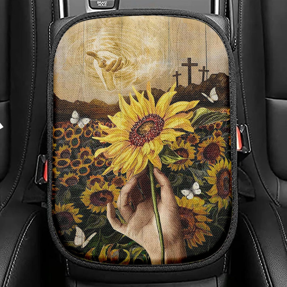 The Hand Of God Sunflower Field White Butterfly Seat Box Cover, Christian Car Center Console Cover, Bible Verse Car Interior Accessories