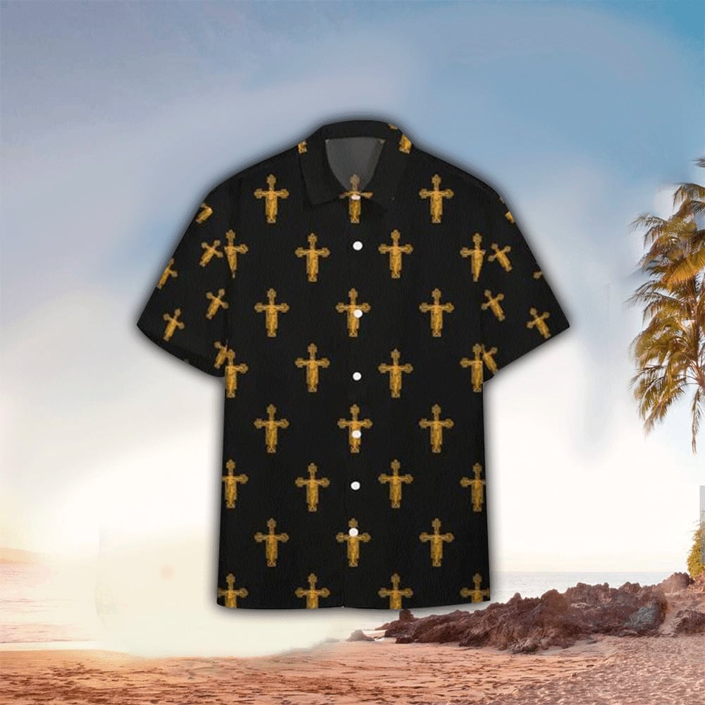 The Jesus Cross Pattern Black Hawaiian Shirt - Christian Hawaiian Shirt for Men Women