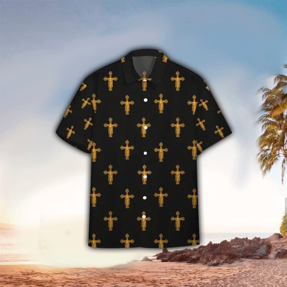 The Jesus Cross Pattern Black Hawaiian Shirt - Christian Hawaiian Shirts For Men & Women
