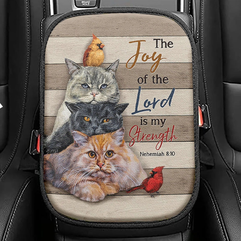 The Joy Of The Lord Is My Strength Seat Box Cover, Angry Cat Cardinal Painting Car Center Console Cover, Christian Car Interior Accessories