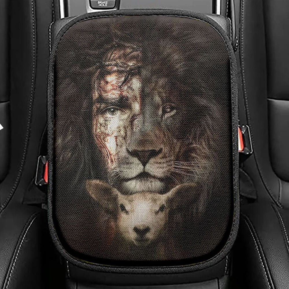 The King Lion And The Lamb Seat Box Cover, Lion Car Center Console Cover, Christian Inspirational Car Interior Accessories