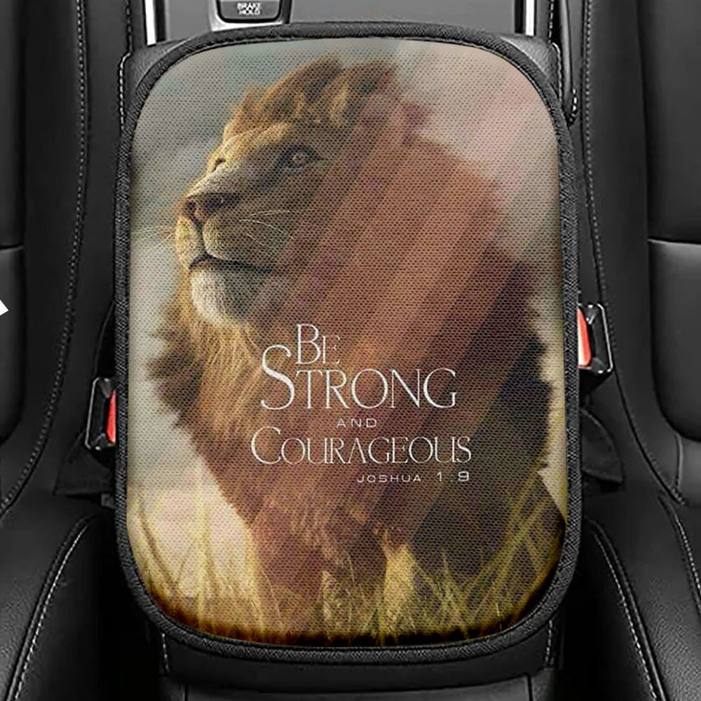 The King Lion Be Strong And Courageous Seat Box Cover, Lion Car Center Console Cover, Christian Inspirational Car Interior Accessories