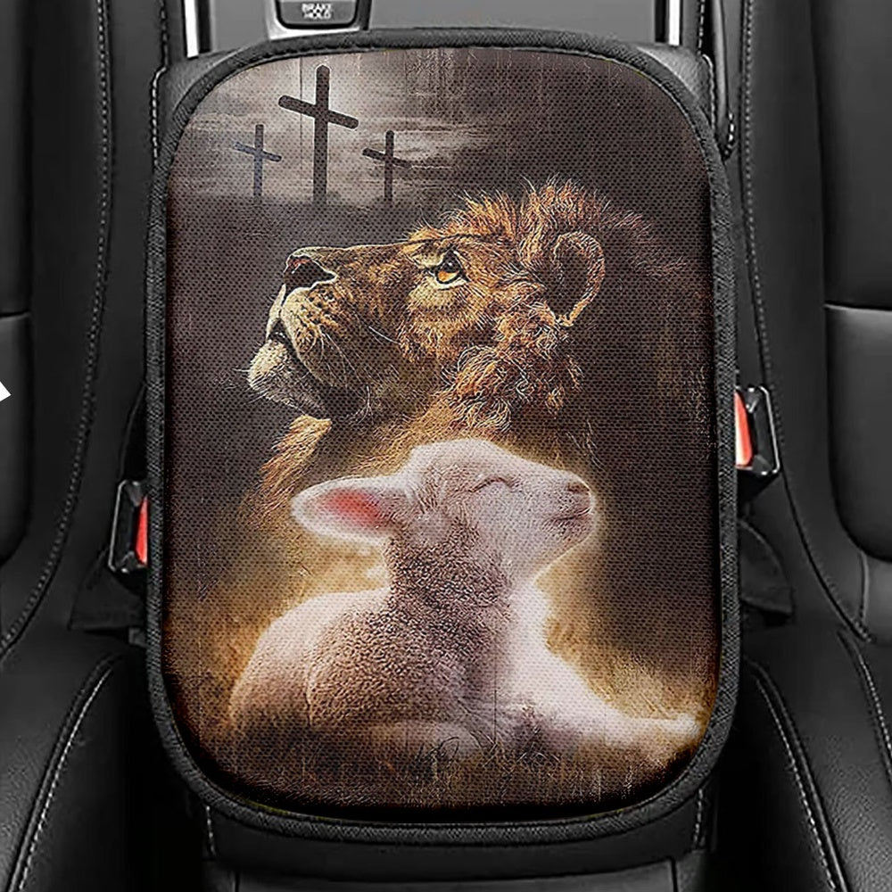 The King Lion Lamb Cross Seat Box Cover, Lion Car Center Console Cover, Christian Inspirational Car Interior Accessories