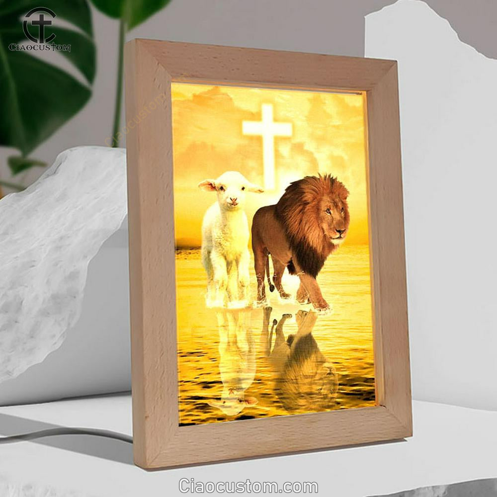 The Lamb Of God And Lion Of Judah Frame Lamp Prints - Bible Verse Wooden Lamp - Scripture Night Light
