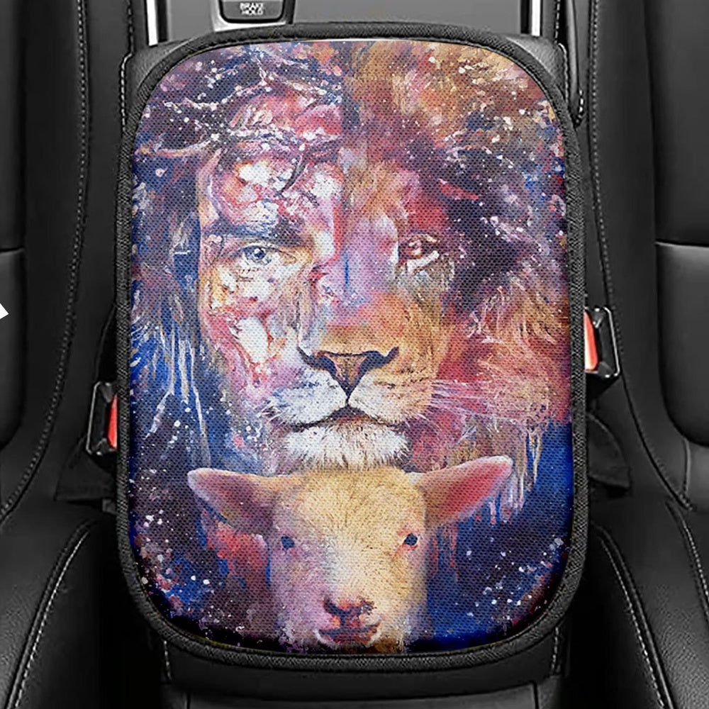 The Lamb With The Lion Seat Box Cover, Christian Car Center Console Cover, Bible Verse Car Interior Accessories