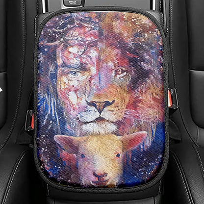 The Lamb With The Lion Seat Box Cover, Christian Car Center Console Cover, Bible Verse Car Interior Accessories