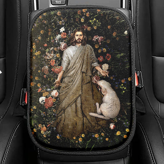 The Life Of Jesus And White Sheep Flower Garden Seat Box Cover, Inspirational Car Center Console Cover, Christian Car Interior Accessories