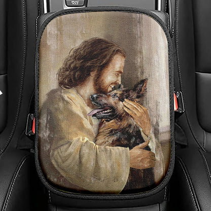The Life Of Jesus German Shepherd Dog Dog Lover Seat Box Cover, Bible Verse Car Center Console Cover, Inspirational Car Interior Accessories