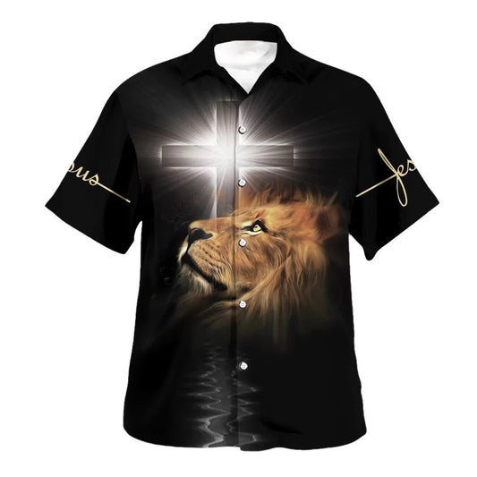 The Light Shines In The Darkness Lion Cross Hawaiian Shirts For Men - Christian Hawaiian Shirt - Hawaiian Summer Shirts