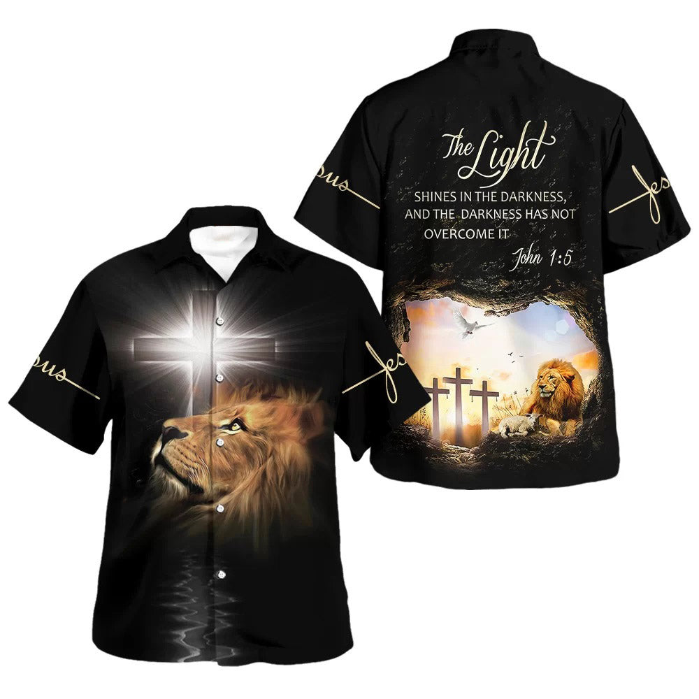 The Light Shines In The Darkness Lion Cross Hawaiian Shirts For Men - Christian Hawaiian Shirt - Hawaiian Summer Shirts