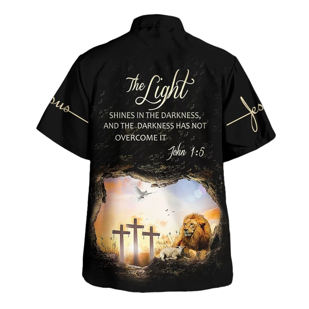 The Light Shines In The Darkness Lion Cross Hawaiian Shirts For Men - Christian Hawaiian Shirt - Hawaiian Summer Shirts