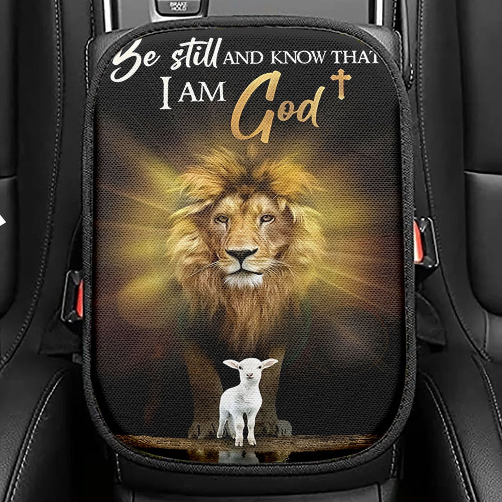 The Lion And Lamb Be Still And Know That I Am God Seat Box Cover, Lion Car Center Console Cover, Christian Inspirational Car Interior Accessories