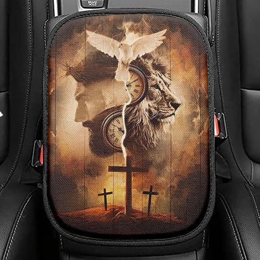 The Lion King Jesus Cross Seat Box Cover, Lion Car Center Console Cover, Christian Inspirational Car Interior Accessories