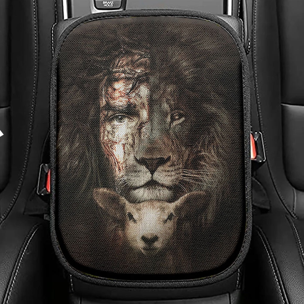 The Lion Of Judah And Lamb Seat Box Cover, Christian Car Center Console Cover, Religious Car Interior Accessories