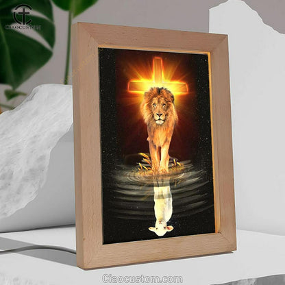 The Lion Of Judah And The Lamb Of God Frame Lamp Prints - Bible Verse Wooden Lamp - Scripture Night Light
